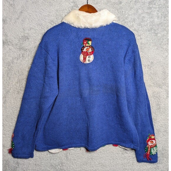 Heirloom Collections Blue Snowman Cardigan Sweater Faux Fur Collar Size Large - Picture 7 of 9